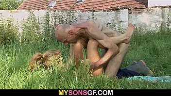 Old man eats his son's GF pussy in the fields