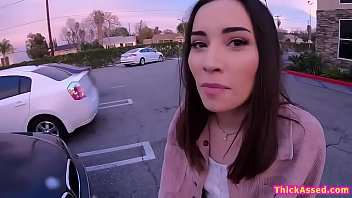 18yo teen Aria Lee kicked out of amusementpark for flashing and meets a guy at the parkinglot.She invites him to her room and takes out his big cock.She sucks it and then twerks for him on the bed.He fingers her and is facesitted before she rides him